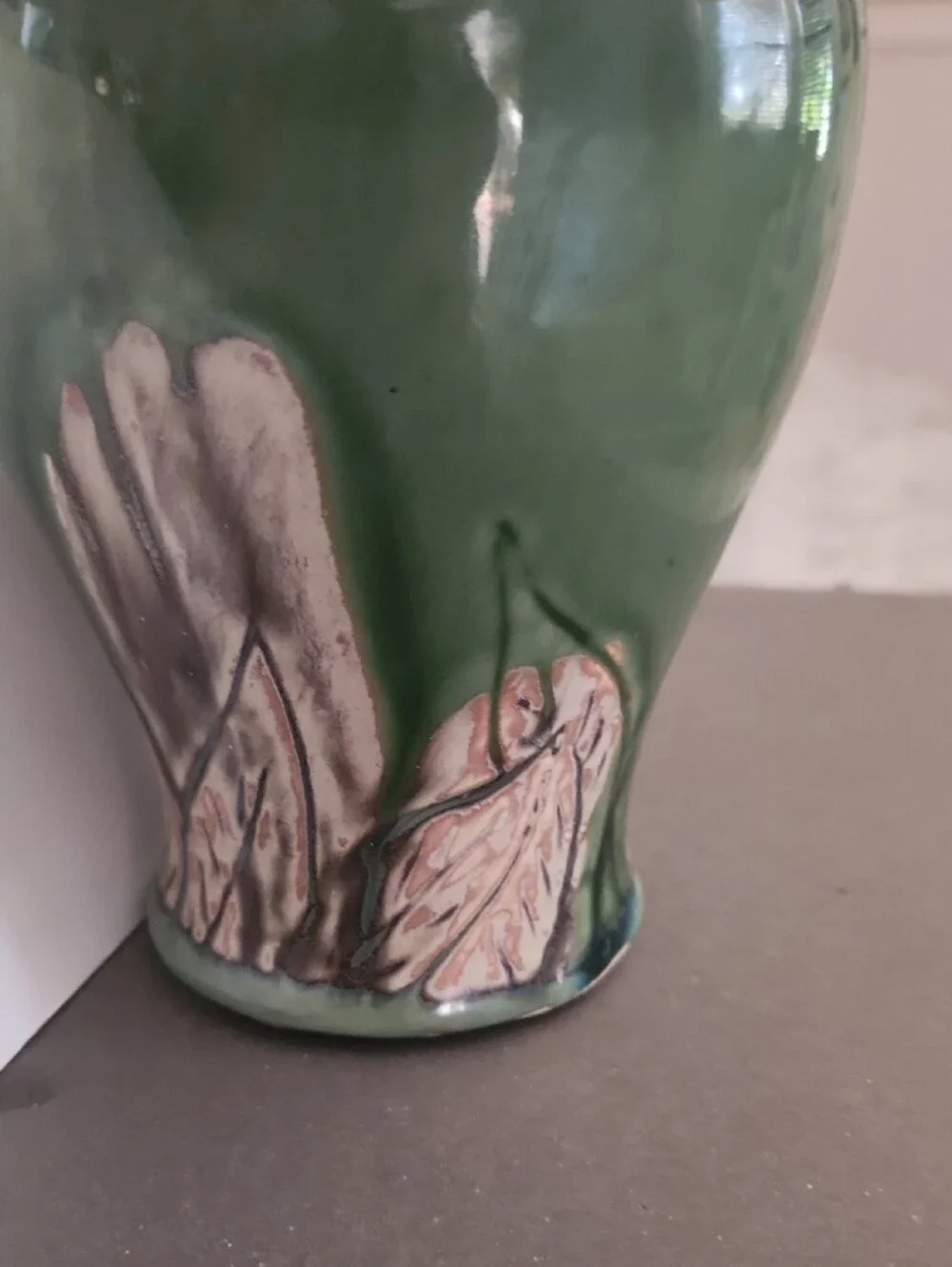 Green Ceramic Vase with Floral Relief